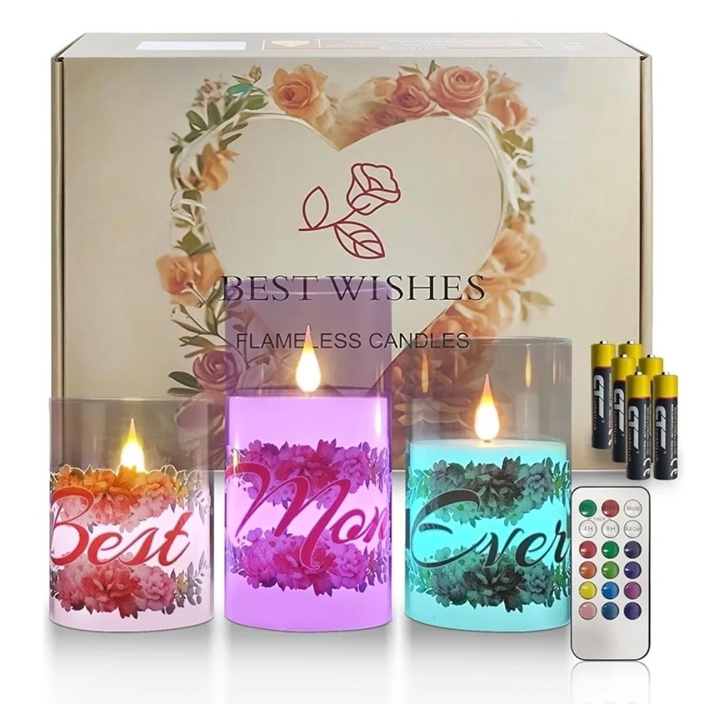 Mothers Day Gift Flameless Candles Set of 3 w/Remote & Timer Best Mom Ever Print